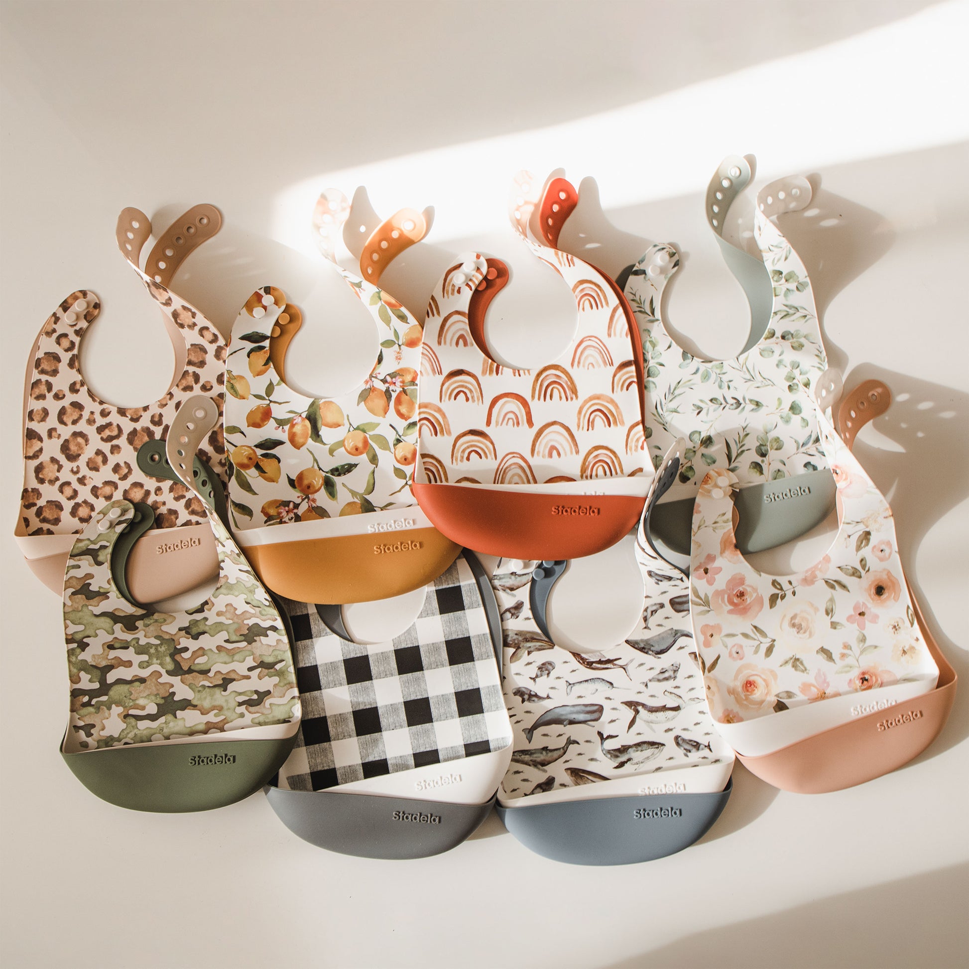 Best baby bibs, gift for baby shower, birthday, Christmas, Rust Colored, Boho Flowers in Earth Toned Colors, Eco friendly, sustainable, silicone bibs, baby led weaning, 6 months baby essentials, starting solids, shop small, toddler must haves, neutral design for baby girl or baby boy, easy clean up