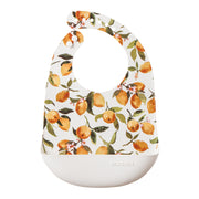 Best baby bibs, gift for baby shower, birthday, Christmas, mustard, yellow and white color with citrus, lemon, orange, peach prints, eco friendly, sustainable, silicone bibs, baby led weaning, 6 months baby essentials, starting solids, shop small, toddler must haves, neutral design for baby girl or baby boy, easy clean up