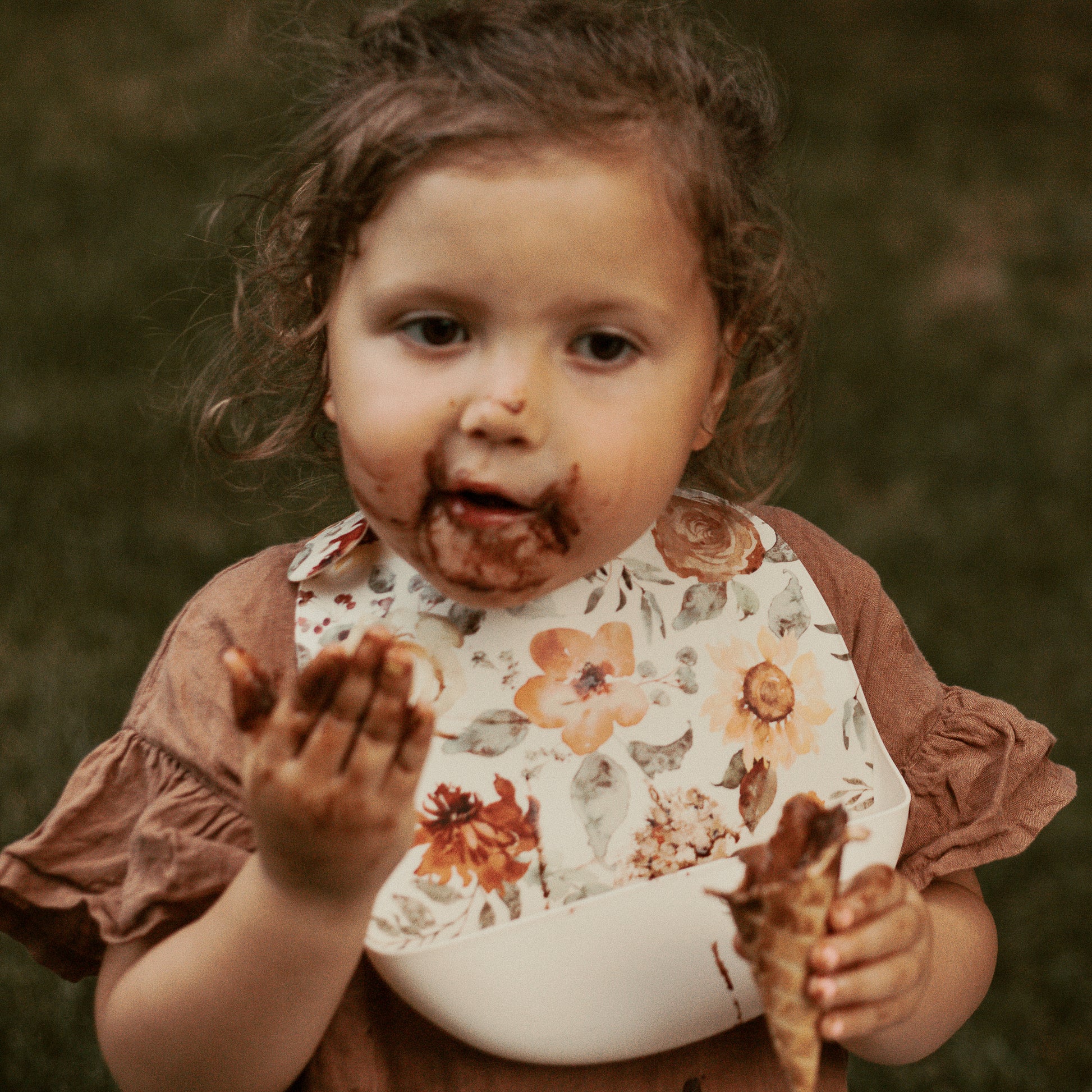 Best baby bibs, gift for baby shower, birthday, Christmas, Rust Colored, Boho Flowers in Earth Toned Colors, Eco friendly, sustainable, silicone bibs, baby led weaning, 6 months baby essentials, starting solids, shop small, toddler must haves, neutral design for baby girl or baby boy, easy clean up